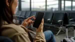 Traveller using a smartphone in Namibia while activating a Namibia eSIM