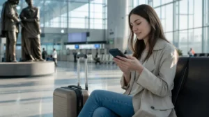 Traveller using a smartphone during how to activate an esim in north macedonia after landing in North Macedonia.