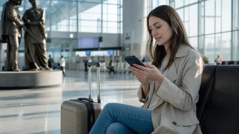 Traveller using a smartphone during how to activate an esim in north macedonia after landing in North Macedonia.