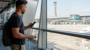 Traveller using a smartphone in traveller activating mobile data beside the Hamad Airport arrivals windows