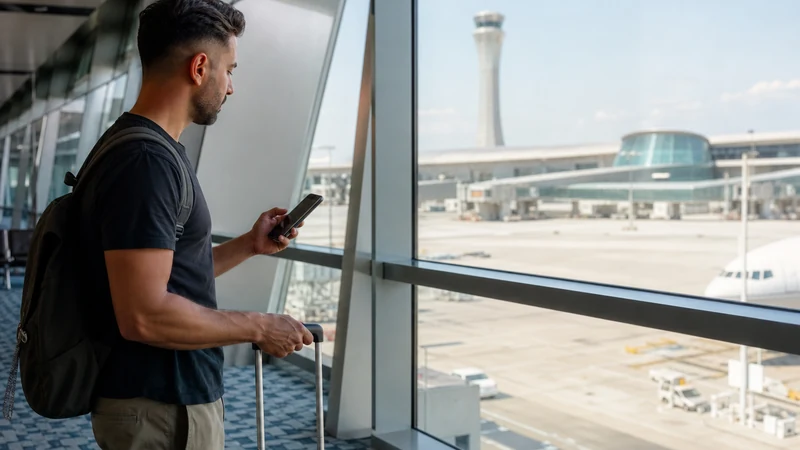 Traveller using a smartphone in traveller activating mobile data beside the Hamad Airport arrivals windows