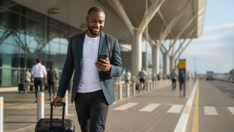 Traveller activating an eSIM after arriving at Kigali airport