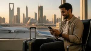 Traveller activating an eSIM after landing in Riyadh.