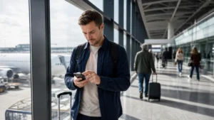 Traveller using a smartphone during how to activate an esim in serbia after landing in Serbia.