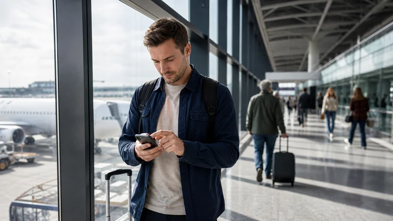 Traveller using a smartphone during how to activate an esim in serbia after landing in Serbia.