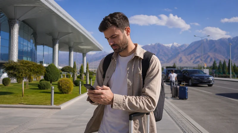 Traveller activating mobile data outside Dushanbe Airport