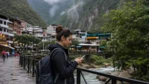 Traveller using a smartphone in Peru for aguas calientes mobile internet