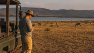 Safari traveller checking a smartphone in Akagera National Park