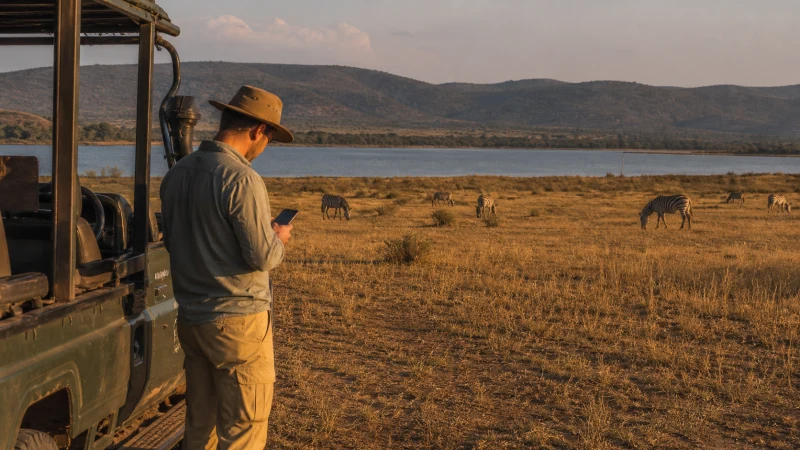 Safari traveller checking a smartphone in Akagera National Park