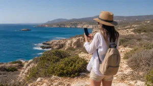 Traveller using a smartphone while exploring akamas peninsula mobile internet
