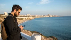 Traveller using a smartphone at an Aktau Caspian Sea viewpoint.