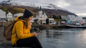 Traveller using a smartphone in Akureyri