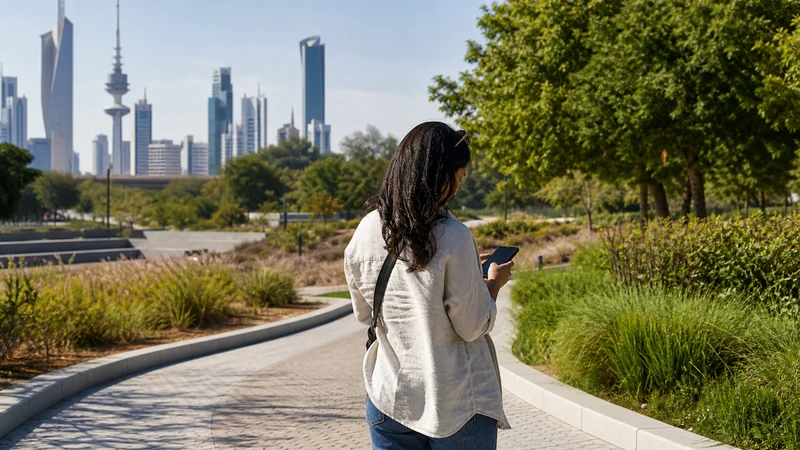 Traveller using a smartphone in a Kuwait setting related to staying connected around al shaheed park