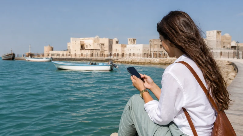 Traveller using a smartphone in visitor on Al Wakrah's traditional seafront