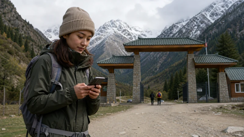Traveller using a smartphone in Kyrgyzstan for ala archa mobile internet