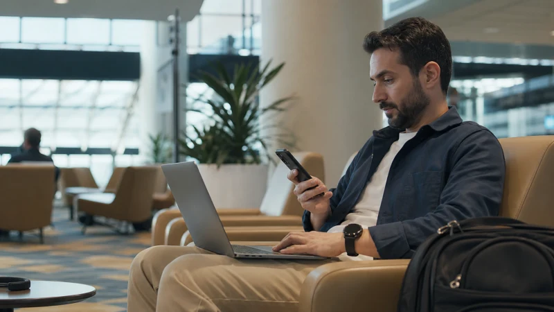 Traveller using secure mobile data at an airport in Algeria