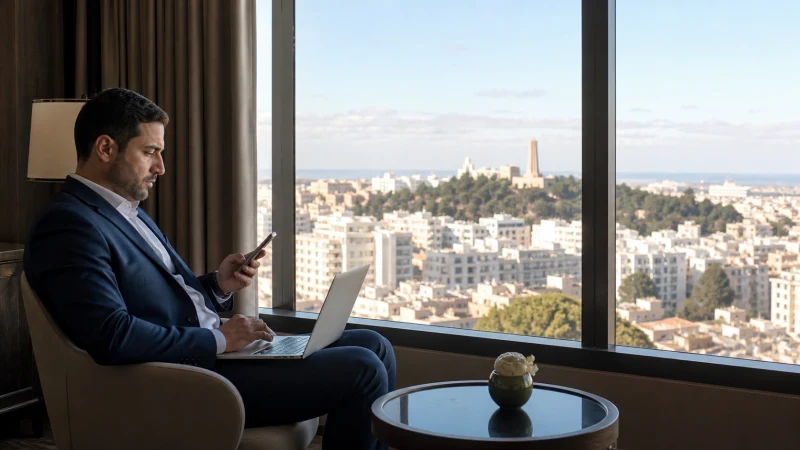 Business traveller using mobile internet in Algeria