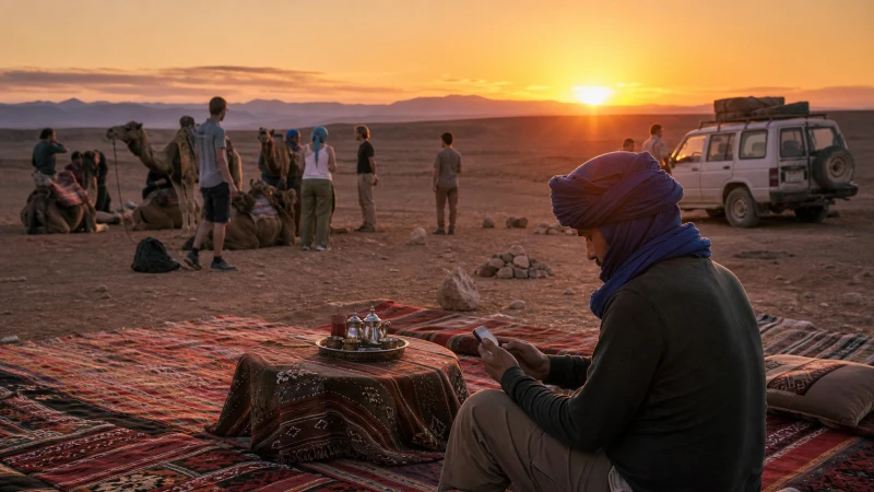 Traveller using mobile internet during a desert tour in Algeria