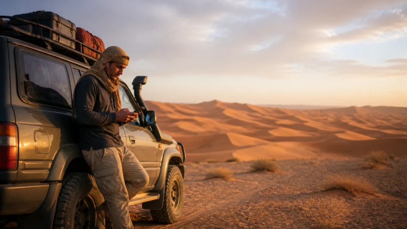 Traveller using mobile internet during a desert journey in Algeria