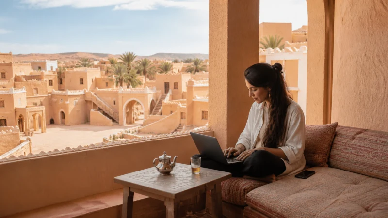Digital nomad working online with a smartphone in Algeria