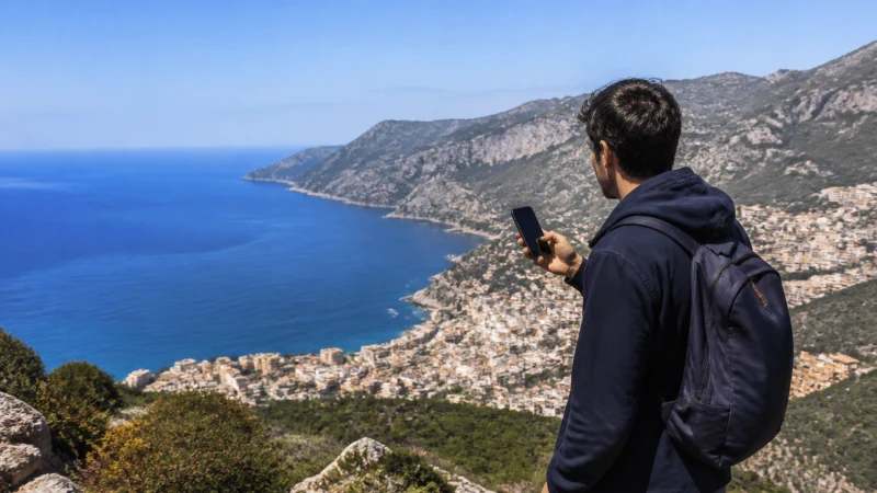 Traveller checking eSIM coverage on a smartphone in Algeria