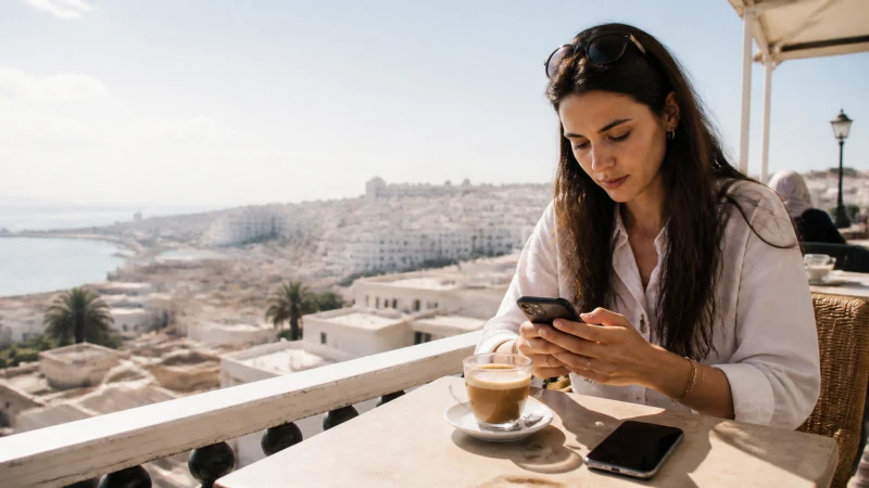 Traveller managing dual SIM settings with an Algeria eSIM