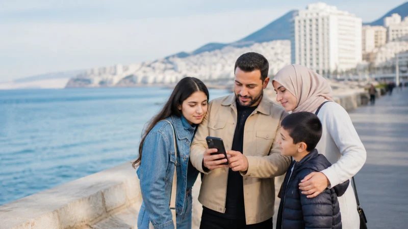 Family travellers using mobile internet during a trip in Algeria
