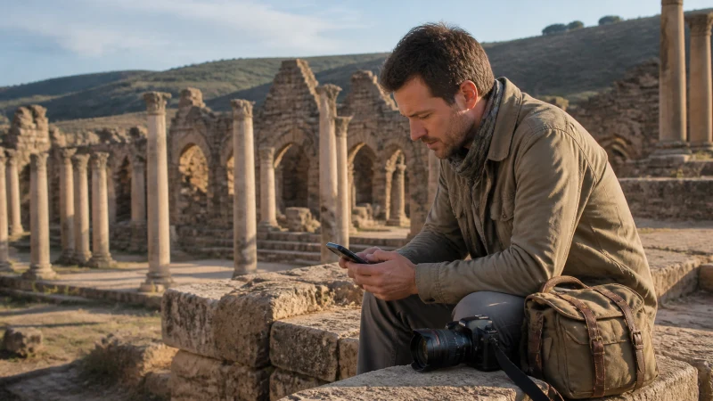 Travel photographer using a smartphone in Algeria