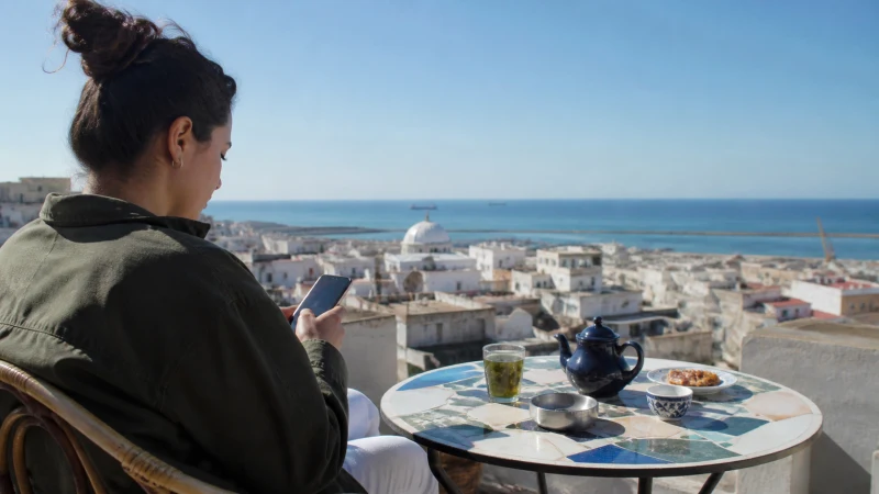 Short-trip traveller checking mobile data on a smartphone in Algeria