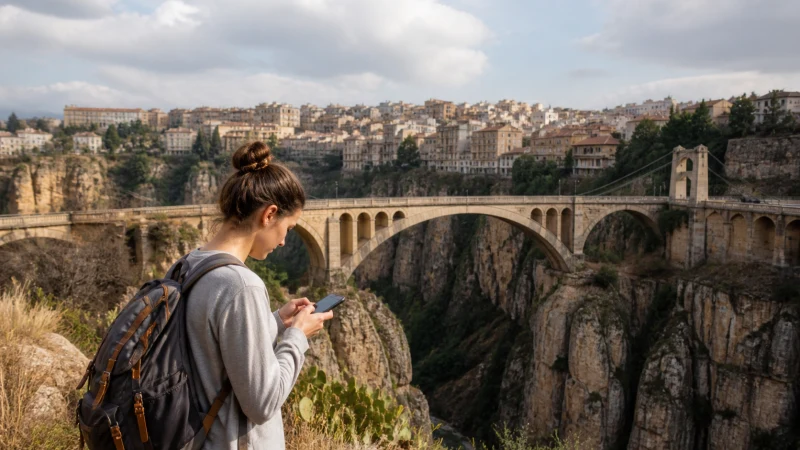 Solo traveller using a smartphone in Algeria