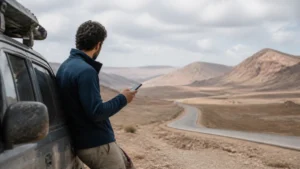 Traveller using a smartphone near the Algeria Tunisia border