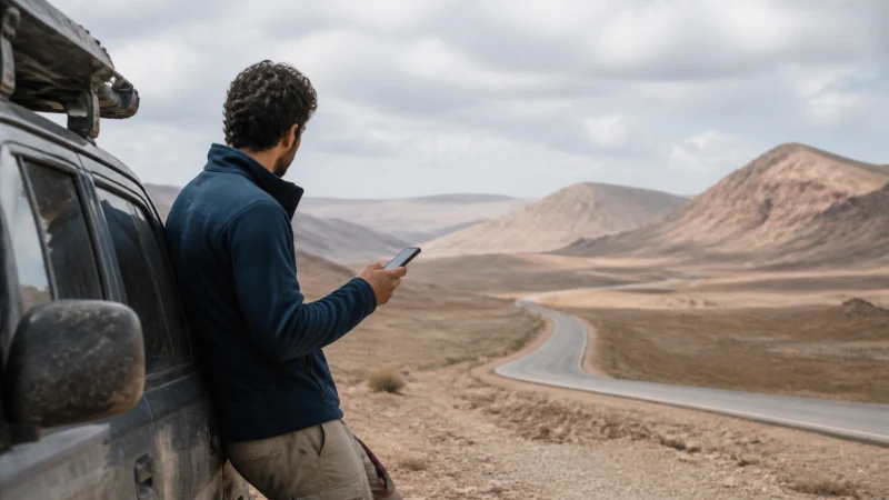Traveller using a smartphone near the Algeria Tunisia border