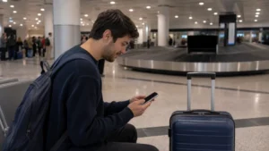 Traveller setting up an eSIM at Algiers Airport