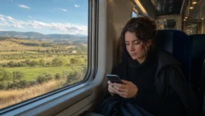 Traveller using mobile internet on the route from Algiers to Oran