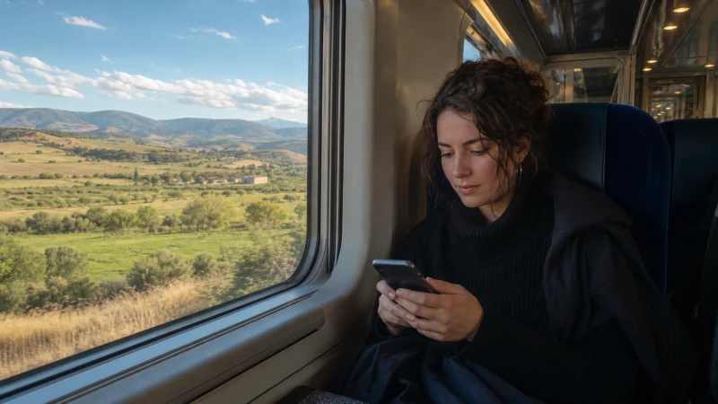 Traveller using mobile internet on the route from Algiers to Oran