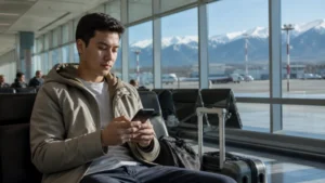 Traveller configuring an eSIM in Almaty Airport.