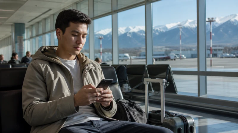 Traveller configuring an eSIM in Almaty Airport.