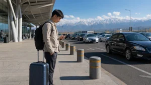Traveller using mobile data at the Almaty Airport pickup area.