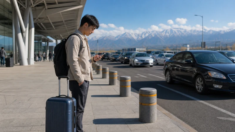 Traveller using mobile data at the Almaty Airport pickup area.