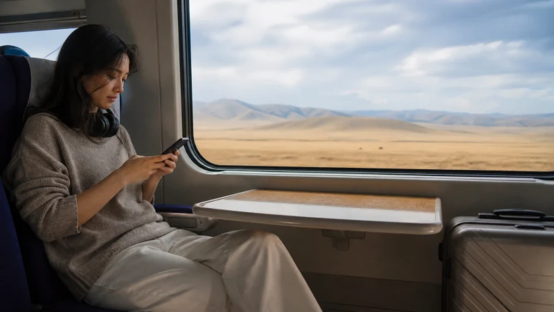 Traveller using a smartphone on an intercity train between Almaty and Astana.