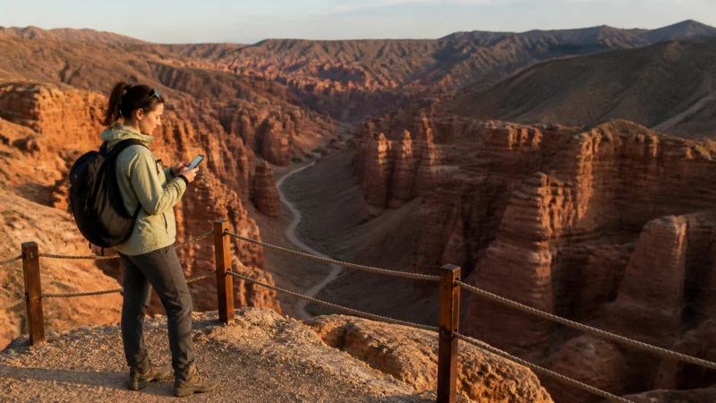 Hiker using a smartphone at a safe Charyn Canyon viewpoint.