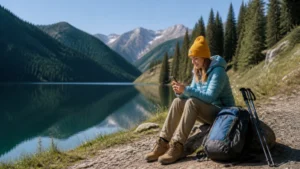 Traveller using a smartphone beside Kolsai Lake.