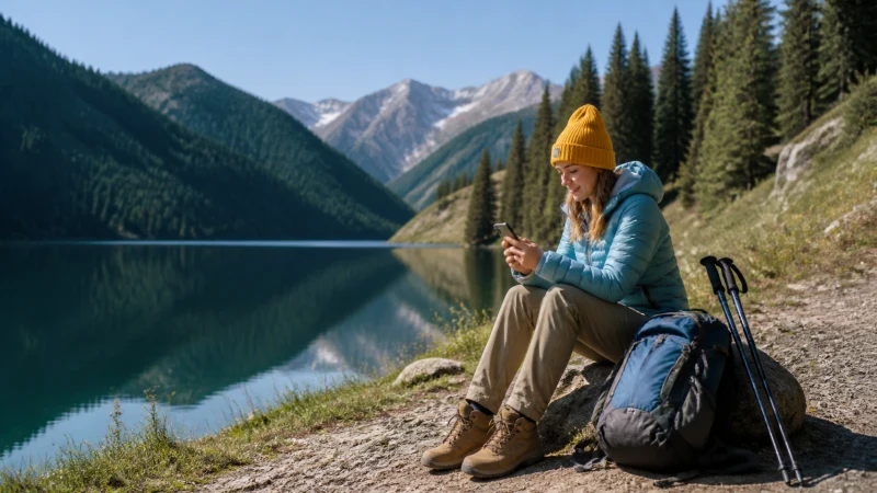 Traveller using a smartphone beside Kolsai Lake.