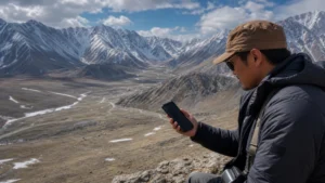 Traveller using a smartphone in Mongolia for altai mountains mobile internet