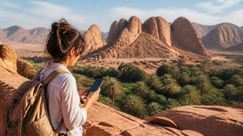 Traveller using a smartphone at a sandstone and oasis viewpoint in AlUla.