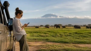 Traveller using a smartphone during a trip in Kenya