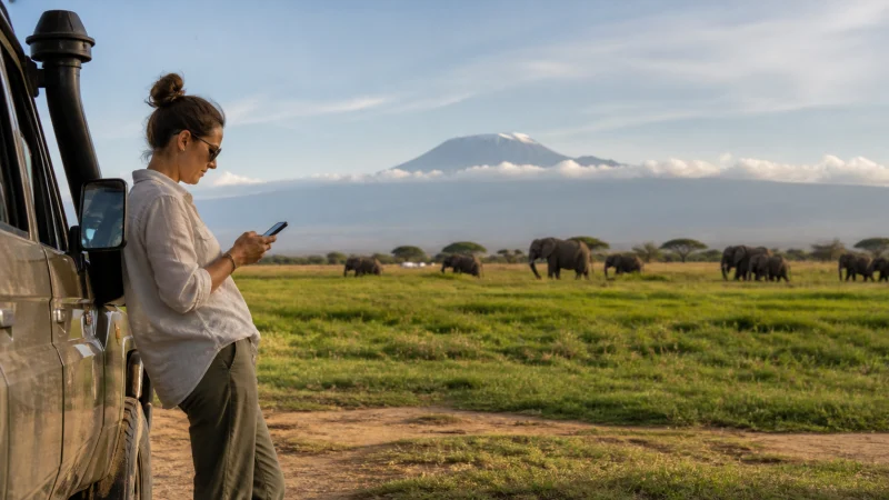 Traveller using a smartphone during a trip in Kenya