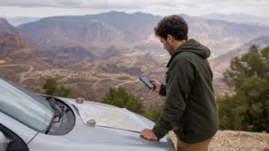 Traveller using a smartphone in Jordan for petra to aqaba mobile internet: train, road and flight guide