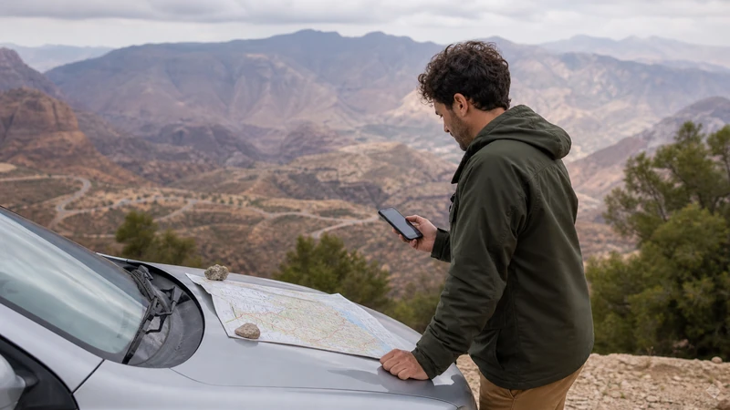 Traveller using a smartphone in Jordan for petra to aqaba mobile internet: train, road and flight guide