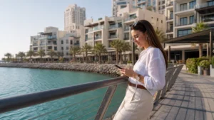 Traveller using a smartphone in Bahrain for amwaj islands mobile internet